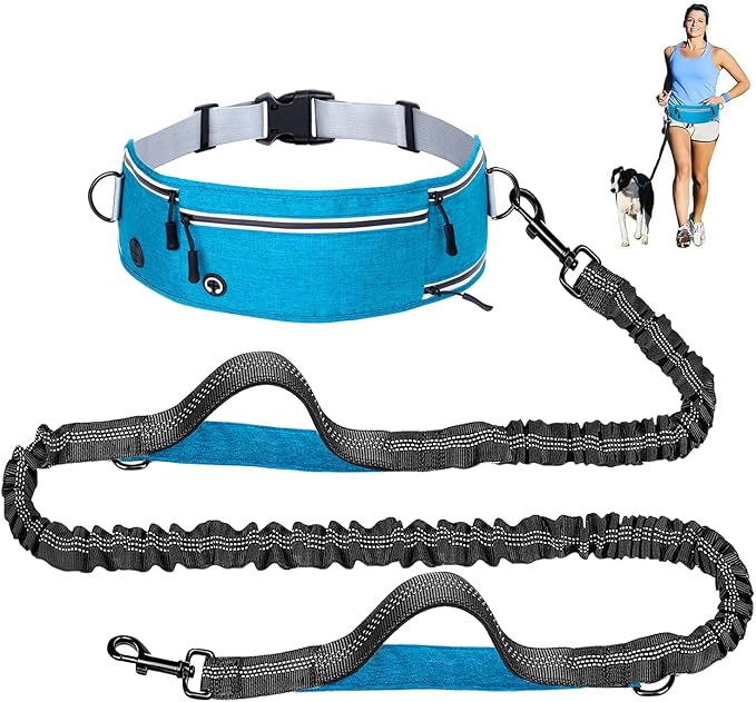 Hands Free Dog Leash with Zipper Pouch, Waist Leash for Dog Walking and Running, Dual Padded Handles, Shock-Absorbing Bungee for Medium to Large Dogs (Blue)