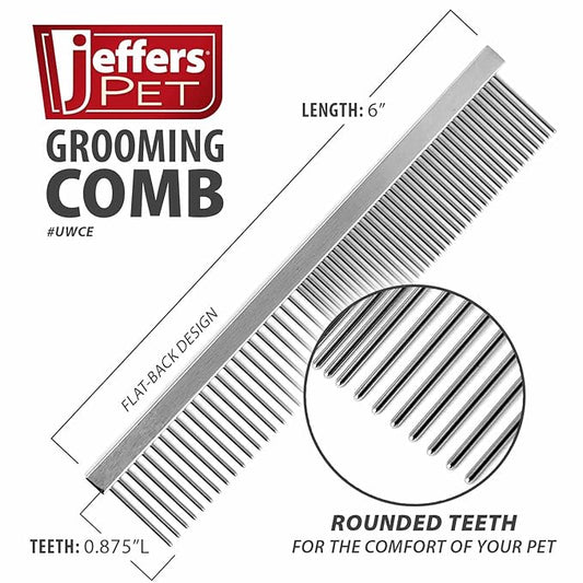 Jeffers Flat Back Pet Grooming Comb – Chrome Plated Steel Comb with Fine & Coarse Teeth for Dogs, Cats, Puppies – Detangling, Deshedding, Dematting Tool for Long or Short Hair - 6" L, 7/8" Teeth