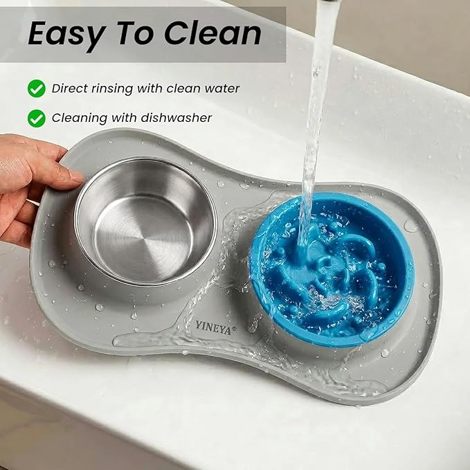Slow Feeder Dog Bowls Stainless Steel Food and Water Bowl Set 3 in 1 No Spill Waterproof Silicone Pet Food Mat Puppy Feeding Station for Large Medium Small Breed Non Slip Metal Dish Tray by YINEYA