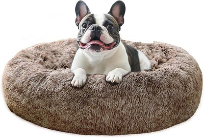 JOLLYVOGUE Calming Dog Beds Large Sized Dog, 36in Donut Washable Large Pet Bed, Anti-Slip & Anti-Anxiety Fluffy Faux Fur Round Dogs Bed, Fits up to 80 lbs Pets (Smoke Brown)