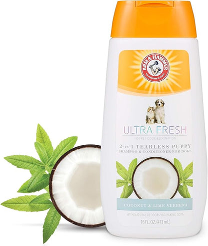 Arm & Hammer Ultra Fresh Tearless Puppy Shampoo and Conditioner 2 in 1 with Baking Soda Deodorizer, Gentle Pet Wash for Odor Control, Puppy Bath, Coconut & Lime Verbena Scent, 16 Fl Oz
