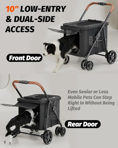 Dog Stroller for Large & Medium Dogs, Pet Stroller for 2 Small Dogs Up to 80 Lbs, Extra Large Heavy Duty, Folding & Breathable, All-Terrain Wheels, Black
