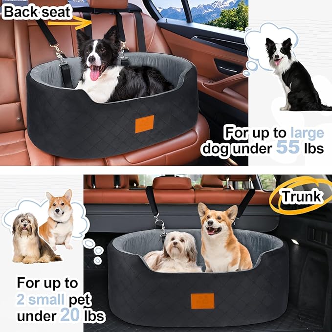 Dog Car Seat for Medium Dogs Up to 50 lbs, Pet Booster Seat for Cars SUVs and Trucks,Washable & Detachable Dog Car Bed with Safety Strap, Thick Cushion, Non-Slip Base(Black/Gray