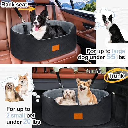 Dog Car Seat for Medium Dogs Up to 50 lbs, Pet Booster Seat for Cars SUVs and Trucks,Washable & Detachable Dog Car Bed with Safety Strap, Thick Cushion, Non-Slip Base(Black/Gray