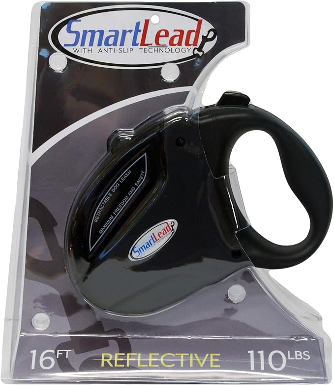 SmartLead Retractable, Reflective, Heavy-Duty 16-Foot Nylon Dog Leash, Tangle Free, Anti-Slip Brake Technology, Easy Grip Handle, Good for Dogs up to 110 Pounds – Black