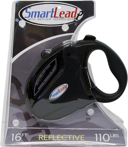 SmartLead Retractable, Reflective, Heavy-Duty 16-Foot Nylon Dog Leash, Tangle Free, Anti-Slip Brake Technology, Easy Grip Handle, Good for Dogs up to 110 Pounds – Black