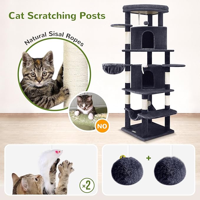 Globlazer Corner Cat Tree for Large Cats, 66inch Tall Curved Series Large Cat Tower for Multiple Indoor Cats with 6 Scratching Posts, 2 Spacious Cat Condos, Hammock, Hanging Basket, C66, Dark Grey