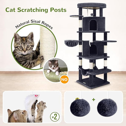 Globlazer Corner Cat Tree for Large Cats, 66inch Tall Curved Series Large Cat Tower for Multiple Indoor Cats with 6 Scratching Posts, 2 Spacious Cat Condos, Hammock, Hanging Basket, C66, Dark Grey