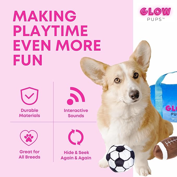 Glow Pups Dog Toy Sports Bag Hide and Seek Interactive Dog Toy with 6 Plush Squeaky Balls, Crinkle 10 Inches Long, Soft Plush, Blue and Yellow Sports Bag with Basketball, Soccer and Football