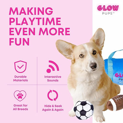 Glow Pups Dog Toy Sports Bag Hide and Seek Interactive Dog Toy with 6 Plush Squeaky Balls, Crinkle 10 Inches Long, Soft Plush, Blue and Yellow Sports Bag with Basketball, Soccer and Football