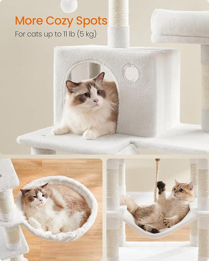 Feandrea Cat Tree, 66.1-Inch Large Cat Tower, Multi-Level Plush Condo with 13 Scratching Posts, 2 Perches, 2 Caves, Basket, Hammock, Pompoms, Cream White UPCT165T01