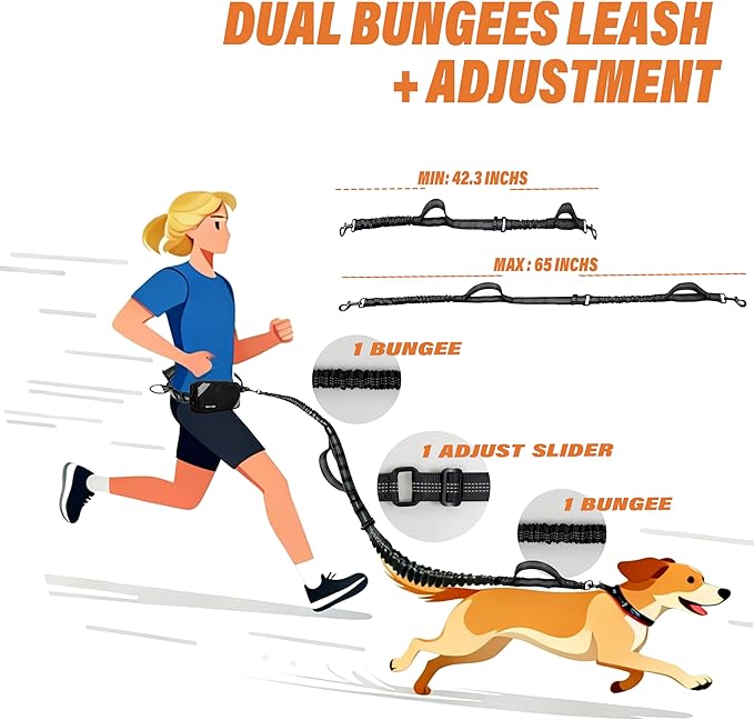 Hands Free Dog Leash with Waterproof Pouch, Adjustment Bungee Leash with Dual Soft Padded Handles for Hiking, Walking, Jogging and Running Your Dogs(Black)