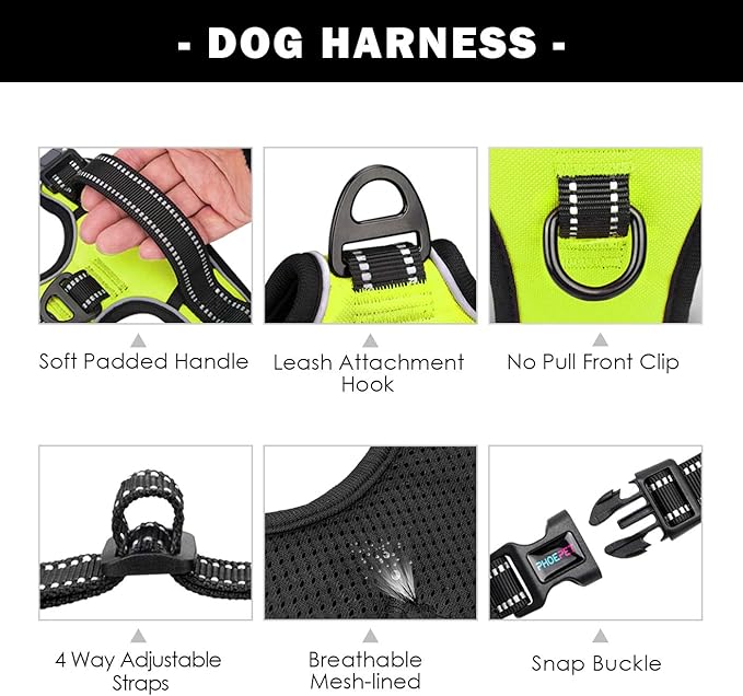 PHOEPET Reflective Dog Harness Large Breed Adjustable No Pull Vest with Handle 2 Metal Rings 3 Buckles [Easy to Put on & Take Off](L, Green)