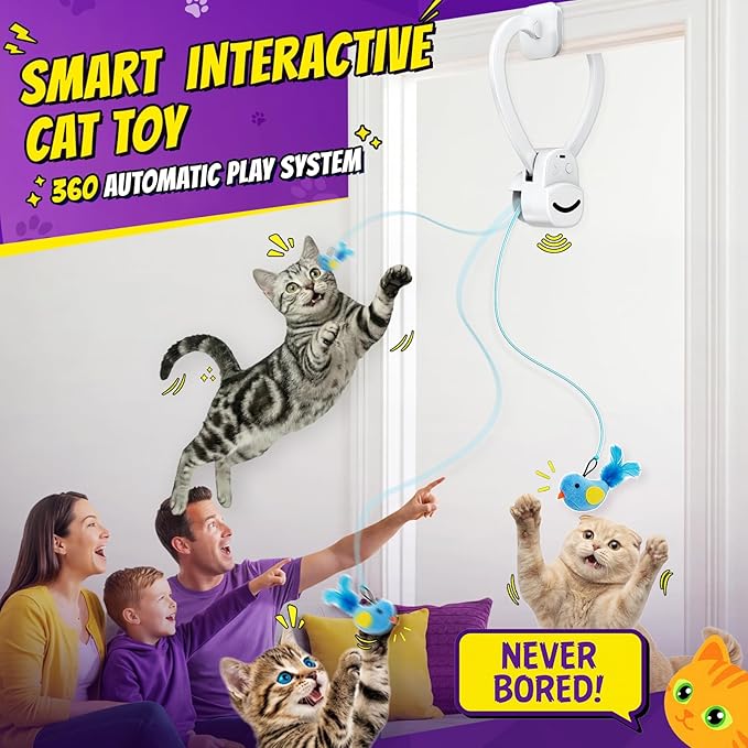 Interactive Cat Toys for Indoor Cats: Automatic Flying Bird Feather Wand Chase Exercise Enrichment Stimulation, USB Rechargeable Durable Safe Hanging Toy for Bored Kittens Adult Multi Cat Households