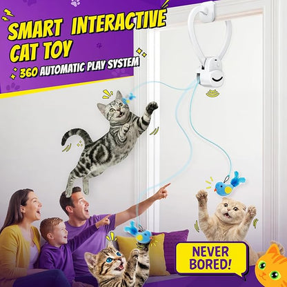 Interactive Cat Toys for Indoor Cats: Automatic Flying Bird Feather Wand Chase Exercise Enrichment Stimulation, USB Rechargeable Durable Safe Hanging Toy for Bored Kittens Adult Multi Cat Households