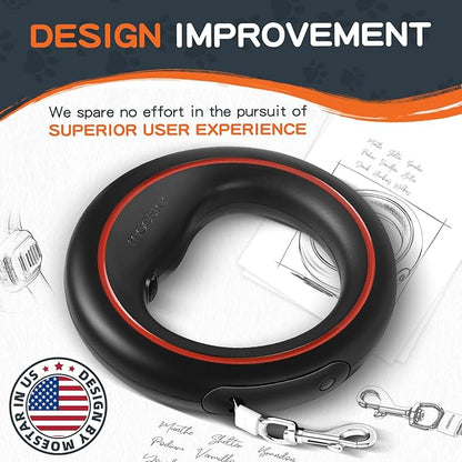 UFO Retractable Dog Leash Hands Free Wearable with Poop Bag Holder One-Handed Brake Pause Lock 360° Tangle Free 10ft Dog Leash for Up to 66lbs Medium Small Dogs (Black/Orange)