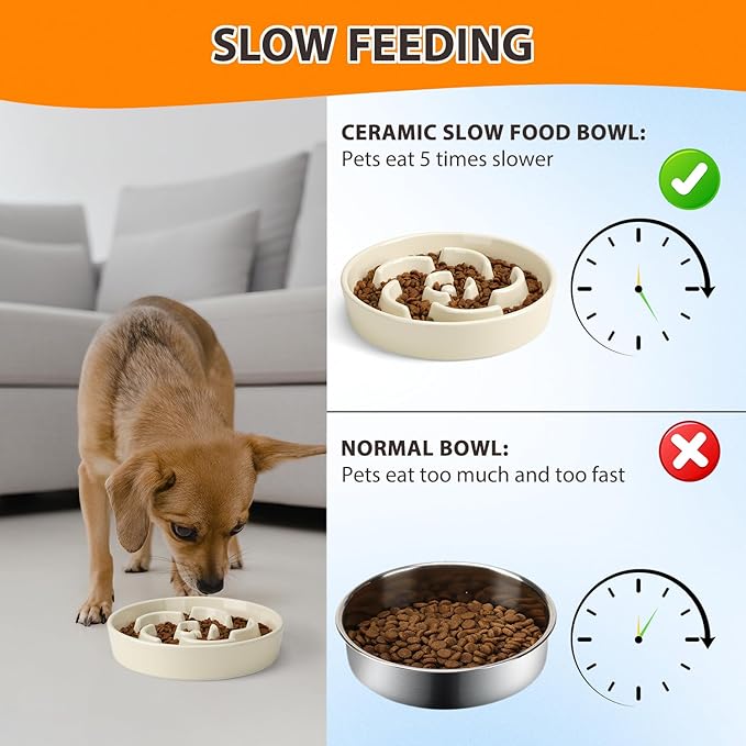 Slow Feeder Dog Bowl, Ceramic 8.3 inch Dog Food Bowls for Small, Medium, and Large Breed, Anti-Slip Maze Puzzle Food Dish to Slow Down Eating (White, 8.3 inch)