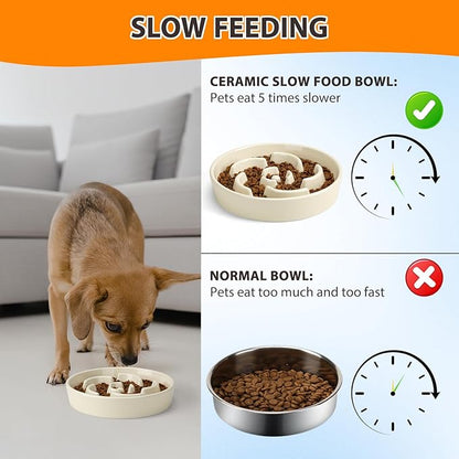 Slow Feeder Dog Bowl, Ceramic 8.3 inch Dog Food Bowls for Small, Medium, and Large Breed, Anti-Slip Maze Puzzle Food Dish to Slow Down Eating (White, 8.3 inch)