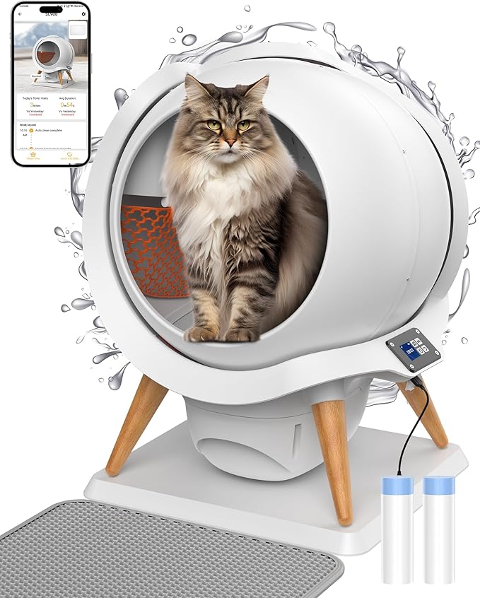 HoneyGuaridan Self-Cleaning Cat Litter Box, Waterproof Automatic Cat Litter Box,App Control, Odourless, Integrated Safety Protection, Water Rinsable and Easy to Clean, for Multiple Cats (3-33lb)
