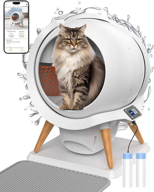HoneyGuaridan Self-Cleaning Cat Litter Box, Waterproof Automatic Cat Litter Box,App Control, Odourless, Integrated Safety Protection, Water Rinsable and Easy to Clean, for Multiple Cats (3-33lb)