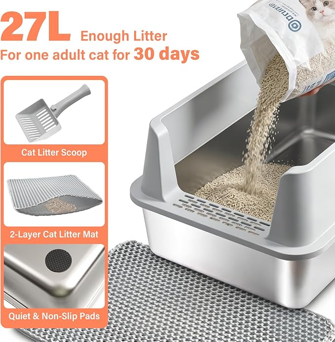 2PACK Stainless Steel Cat Litter Box with Lid, XL Metal Litter Box, Extra Large Litterbox for Big Cats, High Sided | Easy Cleaning | Odor-Free Includes Scoop and Mat