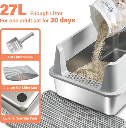 2PACK Stainless Steel Cat Litter Box with Lid, XL Metal Litter Box, Extra Large Litterbox for Big Cats, High Sided | Easy Cleaning | Odor-Free Includes Scoop and Mat