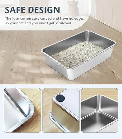 Stainless Steel Cat Litter Box, 6in Cat Litter Pan for Cats and Rabbits, Metal Litter Box High Sides Nonstick Odor Control Anti-Corrosion