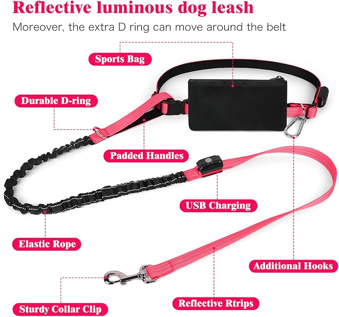 LED Hands Free Dog Leash, Waist Leash for Dog Walking, Retractable Bungee Light Up Dog Leash, LED Handless Dog Running Leash, Reflective Running Leash for Jogging Training Hiking (Pink)