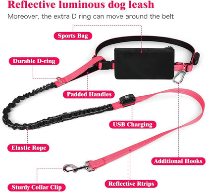 LED Hands Free Dog Leash, Waist Leash for Dog Walking, Retractable Bungee Light Up Dog Leash, LED Handless Dog Running Leash, Reflective Running Leash for Jogging Training Hiking (Pink)