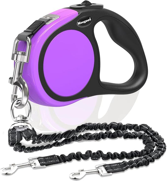Double Retractable Dog Leash for Two Dogs Up to 50 lbs - 16 ft Coupler Leashes for Small Medium Dogs - One Locked System, Non Slip Grip, Tangle Free (Purple)