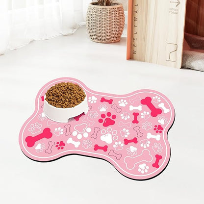Dog & Cat Food Mat Bone Shaped Pet Feeding Mat Quick Absorb Water Bowl Placemat with Rubber Backing Indoor Floor Stain Resistant Pet Accessory Supplies (Light Pink, 16x24 Inches)