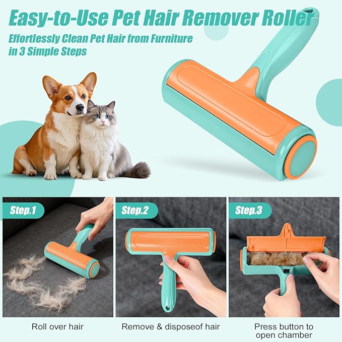 Roller Pet Hair Remover – Reusable Lint Roller for Dog & Cat Hair on Furniture, Couch, Carpet, Rugs, Bedding & Car – Portable, Eco-Friendly (Light Blue)