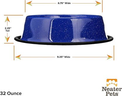 Neater Pet Brands - Outdoor Camping Style Pet Bowl - Enamel Ware Blue Black Granite Colors - Dog Cat No Tip Skid Bowls (32 oz, Blue)