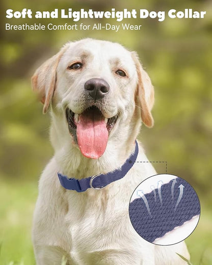 Dynmeow Soft and Breathable Cotton Dog Collar, Durable Adjustable Heavy-Duty Pet Collar with Quick-Release Buckle, Lightweight for Sensitive Skin for Large Dogs, Navy-Blue, L