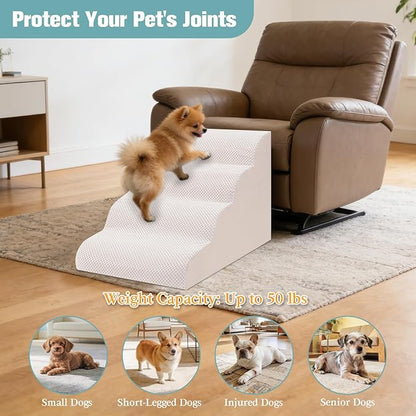 Dog Stairs for Small Dogs, 4-Step Dog Steps for Couch Sofa and Low-Profile & Platform Bed, High-Density Foam Pet Steps Ramp with Removable Washable Cover for Older Injured Dogs Cats, 15.75" H, Beige