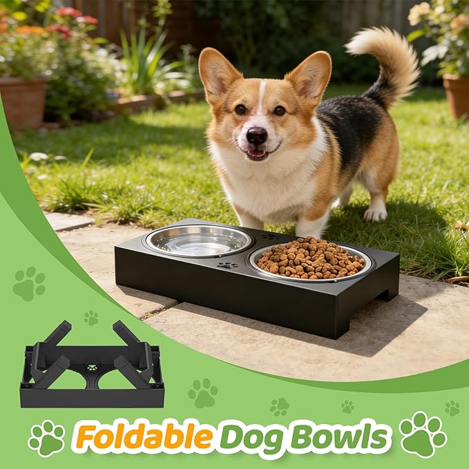 Elevated Dog Bowls, 4 Height Adjustable Raised Bowl Stand with 2 Stainless Steel 7" Food Feeder Bowls for Small Medium and Large Dogs （Plastic）