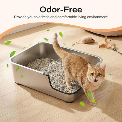 Stainless Steel Cat Litter Box, 17.5"L x 13.6"W x 6"H Metal Cat Litter Box with Low Entry for Senior, Injured Cats Anti-Slip Non-Stick No Odor Easy to Clean for Most Cats with Weight of 14Ibs or Less