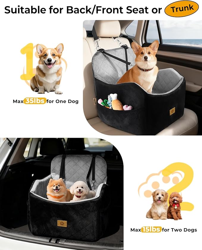 Dog Car Seat for Small/Medium Dogs, Detachable Washable Dog Booster Car Seat Under 35lbs, High-Support Memory Foam,Travel Bed with Storage Pockets