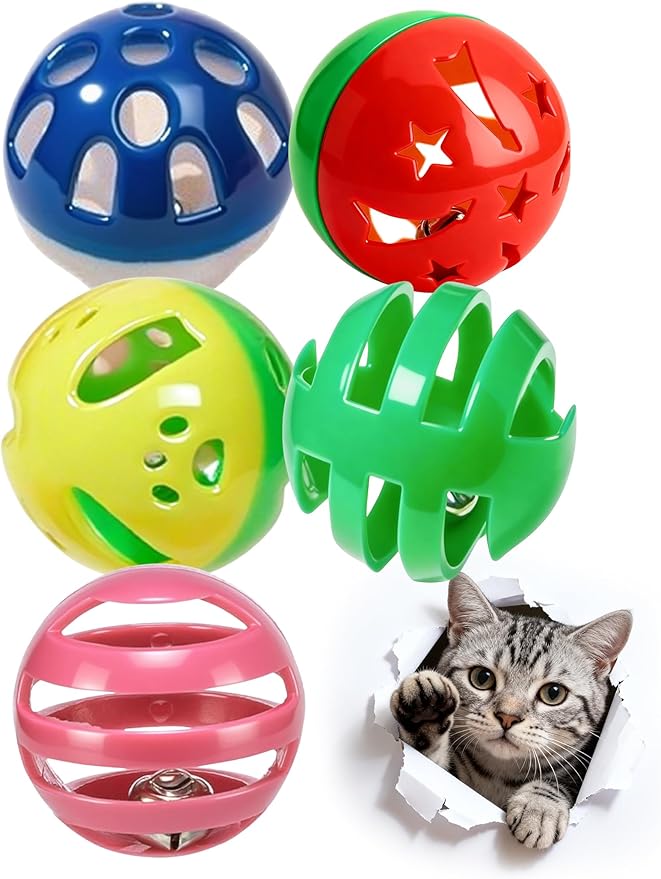 5 Cat Toy Balls with Bell, PP Material, Interactive Kitten Toys for Indoor Cats, Colorful Chew and Chase Balls (1.5'')