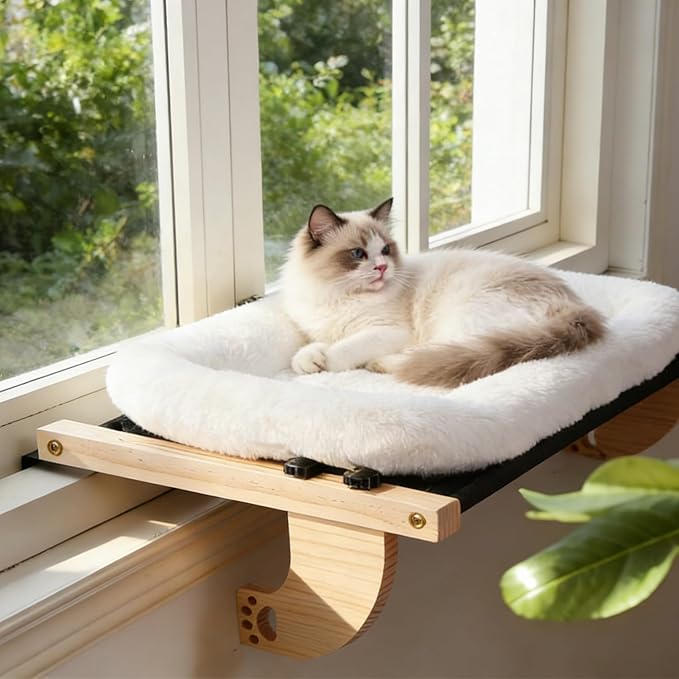 Cat Window Perch Hammock Wall Shelves Beds for Indoor Cats Supplies Design Robust Metal Frame Seat Large Cats and Kittens Pets Natural Wood, 24''L Easy to Adjust Windowsill, Bedside (White)