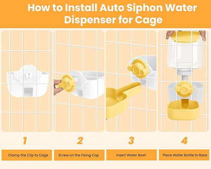 Automatic Replenish Pet Waterer, 1L Capacity Auto Siphon Gravity Cage Hanging Water Dispenser Set for Dog and Cat Small Animals, Removable Pet Water Bottle Water Container (Waterer, Yellow&White)