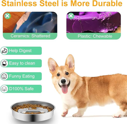 Stainless Steel Slow Feeder Dog Bowls,Slow Food Bowl for Dog & Cat - 2 Cups Capacity,Bone-Shaped Design Pet Food Holder,Metal Non-Slip Lick Plate,Puzzle Maze Dish for Small Sized Breeds