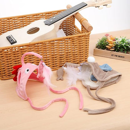 POPETPOP Pet Cat Teaser Toy, Cat Feather Toys Head Mounted Cat Headgear Interactive Cat Hat Feather Toy Self-Service Adjustable Size Cat Hat Toy 2Pcs