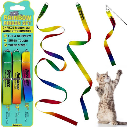 Cat Wand Toy Refill Rainbow Ribbon Set for Cat Wand - Ribbon Lures, Detachable Refill, Toy Lures Attachments - 3 Pieces Multi-Length Fun Durable Attachments with Metal Ring