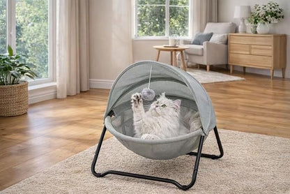 Cat Hammock Bed Elevated cat Bed, Comfortable and Breathable Pet Bed with Awning and Plush Toy, No-Tools Assemble, Cover Removable and Washable, Suitable for Indoor and Outdoor Use