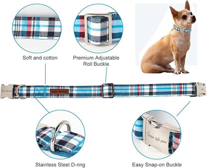 Unique style paws Dog Collar Metal Buckle Blue Plaid Durable Cute Puppy Collar for Small Medium Large Boys Girls Dogs