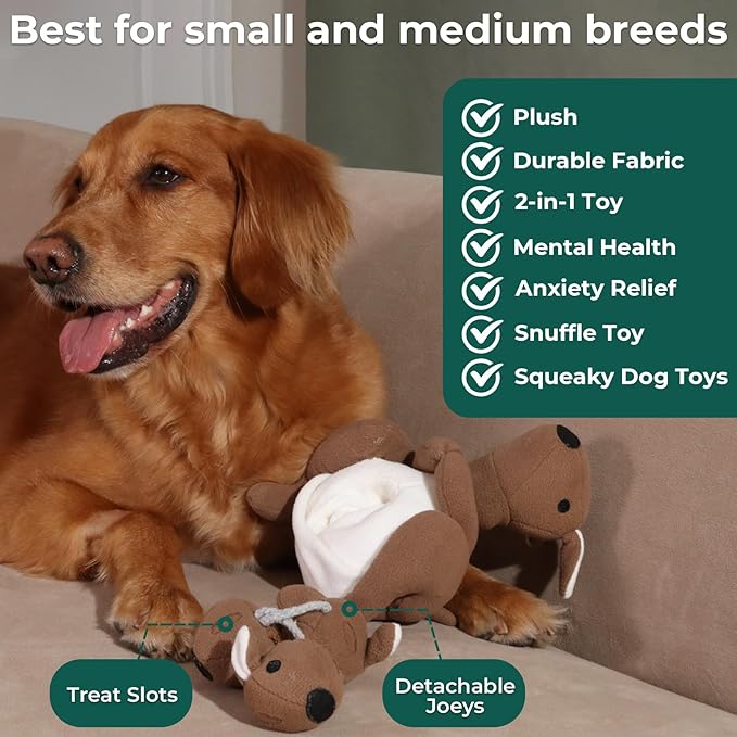 Interactive Dog Toys Plush Stuffed with Squeaky Treat Hide for Large Breeds, Small Dogs and Puppies Slow Feeder, Machine Washable, Enrichment Toys for Dogs to Keep Them Busy, Kangaroo