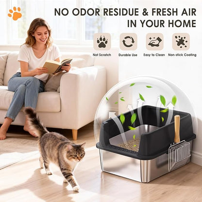 Stainless Steel Litter Box with Lid: Metal Cat Litter Box for Small Cats with Scoop, High Sided Kitty Litter Pan Tray, 17.4'' x 13.5'' x 8.5'', Non-Stick, Anti-Leakage, Easy Cleaning (Black)
