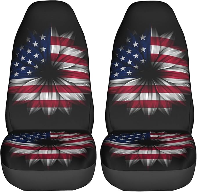 Foruidea USA Flag On Abstract Flower Car Seat Covers Universal 2 Pcs Auto Front Seat Cover Fit Most Cars,SUV,Sedan,Trucks