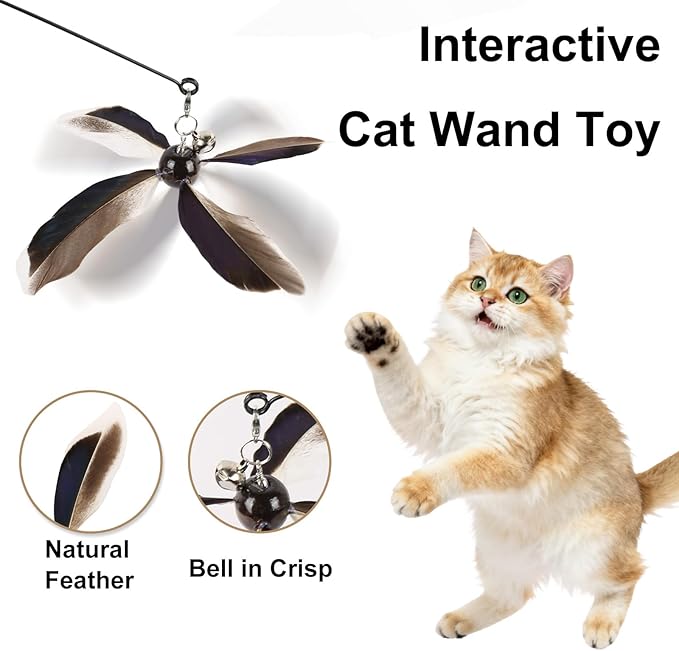 Cat Wand Toys Interactive for Indoor Cats, 4PC 4-Blade Feather Propeller Refills (Classic Mocha Brown)